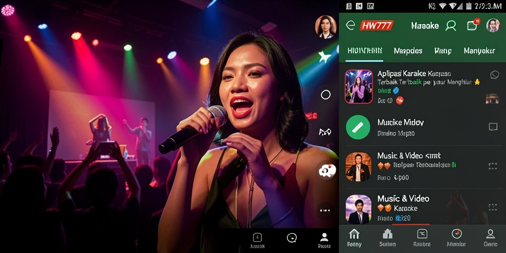 Antarmuka aplikasi HW777 menampilkan berbagai fitur karaoke yang menarik.