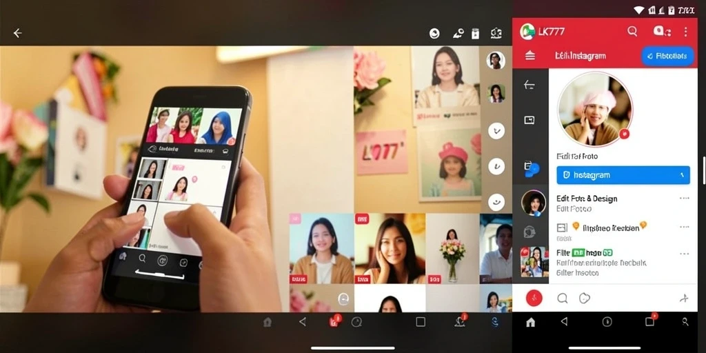Antarmuka LK777 dengan berbagai pilihan filter Instagram.