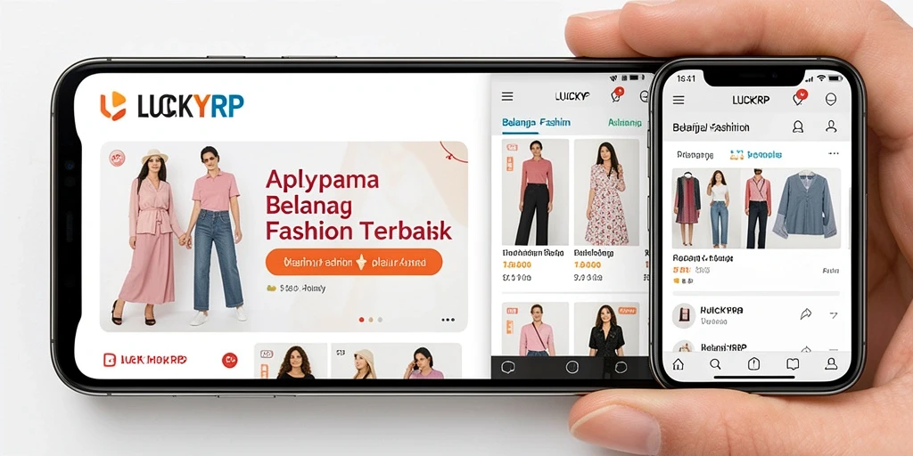 Antarmuka menarik LUCKYRP untuk belanja fashion dengan berbagai produk.