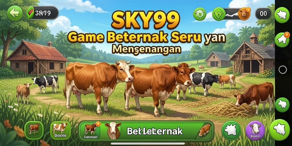 Antarmuka permainan SKY99 menunjukkan peternakan yang kaya dan berwarna.